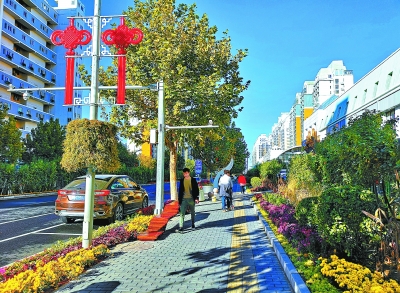 　　镇国寺北街：立体花卉、一组组花钵，景观带鲜花绿植一路相伴，俨然一条悠然的慢生活绿色廊道。