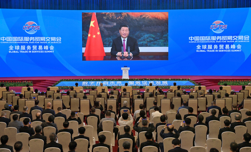 9月2日晚，国家主席习近平在2021年中国国际服务贸易交易会全球服务贸易峰会上发表视频致辞。