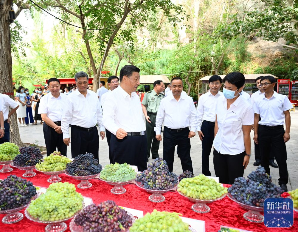 7月12日至7月15日，中共中央总书记、国家主席、中央军委主席习近平在新疆考察。这是7月14日，习近平在吐鲁番市葡萄沟察看吐鲁番特色水果展示，了解当地发展葡萄特色产业、促进文旅融合发展等情况。
