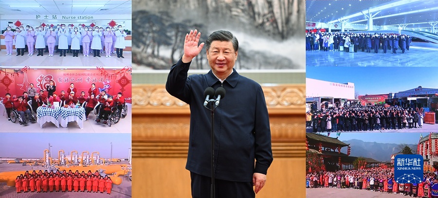 1月18日，中共中央总书记、国家主席、中央军委主席习近平在北京通过视频连线看望慰问基层干部群众，向全国各族人民致以新春的美好祝福（拼版照片）。