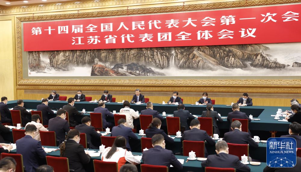 3月5日，中共中央总书记、国家主席、中央军委主席习近平参加他所在的十四届全国人大一次会议江苏代表团审议。