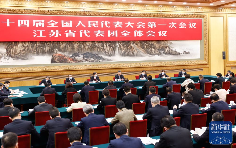 3月5日，中共中央总书记、国家主席、中央军委主席习近平参加他所在的十四届全国人大一次会议江苏代表团审议。