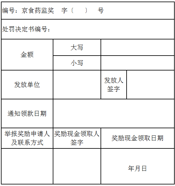 食品药品违法案件举报奖励领取登记表