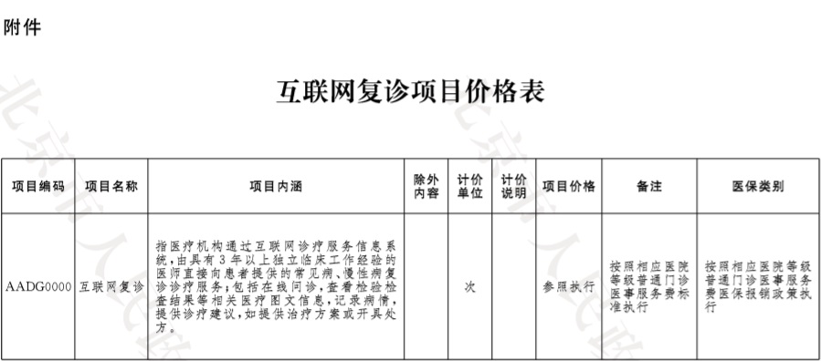 附件：互联网复诊项目价格表