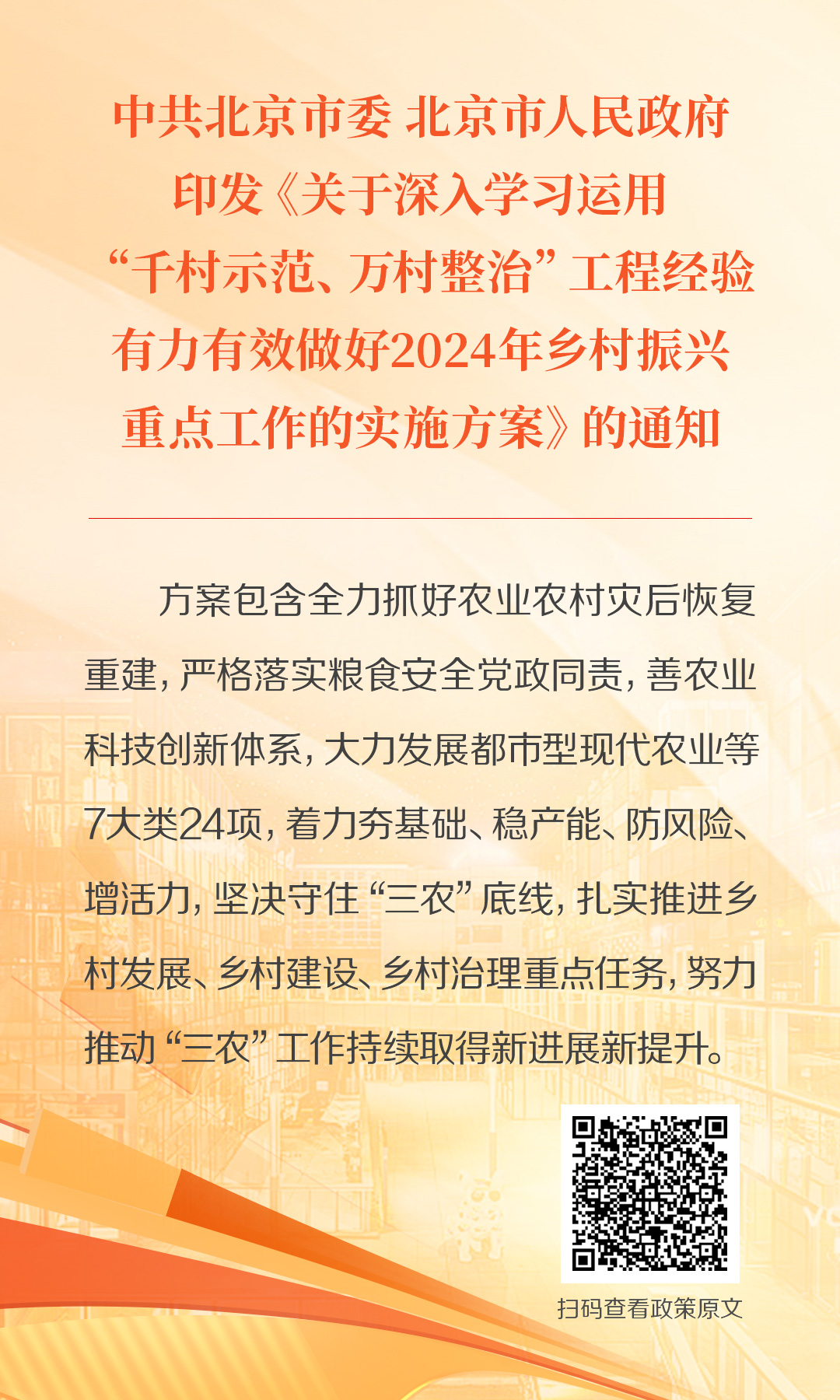 海报：中共北京市委 北京市人民政府印发《关于深入学习运用“千村示范、万村整治”工程经验有力有效做好2024年乡村振兴重点工作的实施方案》的通知