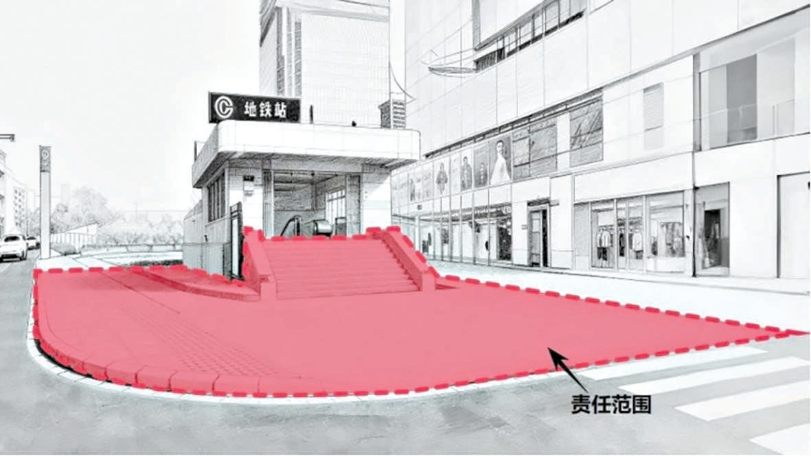 地铁站口有人行道的,责任范围为轨道交通出入口建筑物、构筑物外侧墙体向外延伸至人行道路缘石区域。 地铁站口有人行道的,责任范围为轨道交通出入口建筑物、构筑物外侧墙体向外延伸至人行道路缘石区域。