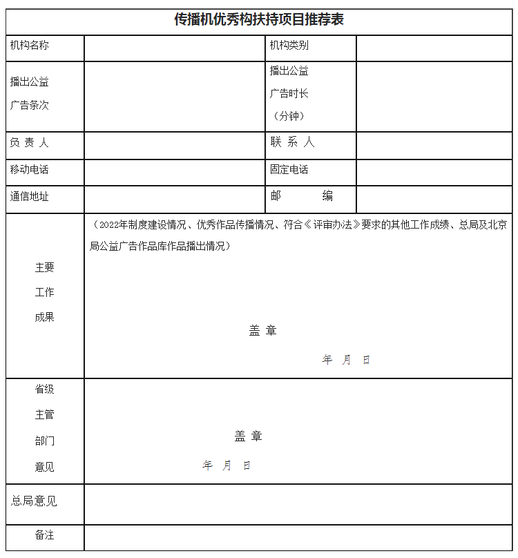 传播机优秀构扶持项目推荐表