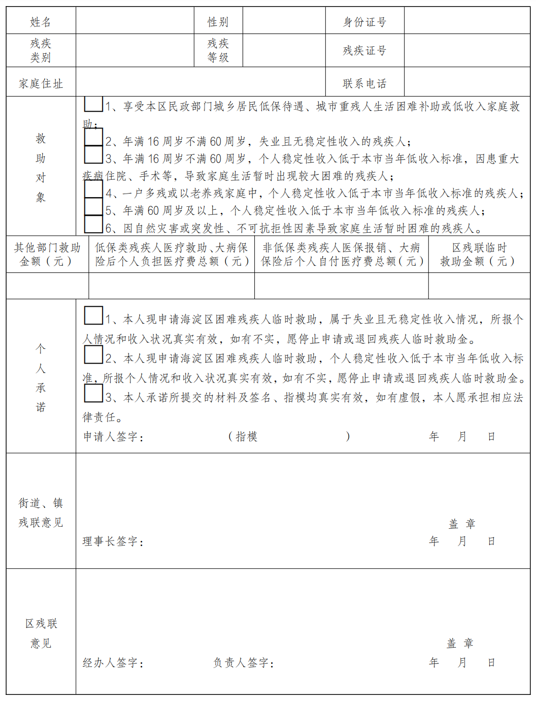 北京市海淀区困难残疾人临时救助申请审批表