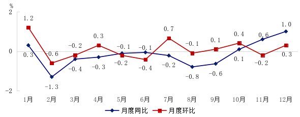 图2 2025年居民消费价格月度涨跌幅度
